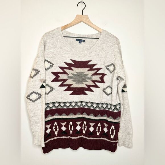 American Eagle Wool Blend Sweater in Tan and Maroon Aztec Print - Size L - Picture 1 of 5